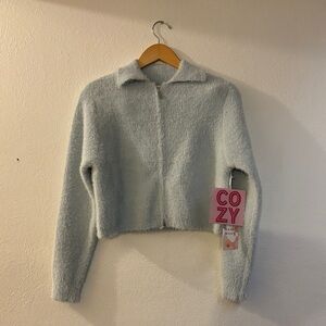 NWT HAZEL MOON LIGHT BLUE FUZZY ZIP UP LONG SLEEVE SWEATER